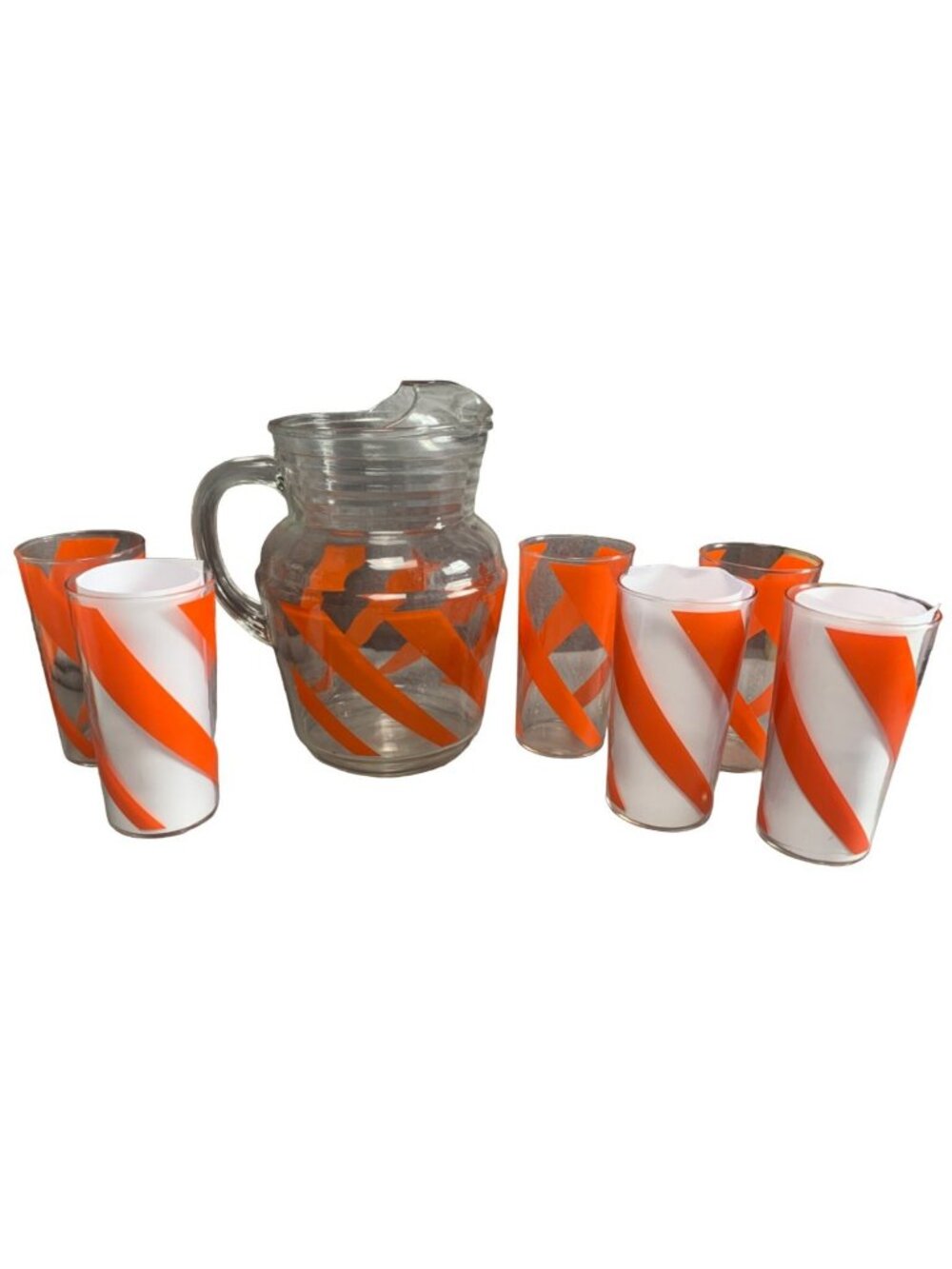 Orange Swirl 6 12oz Glasses & Pitcher Mid Century Set Vintage